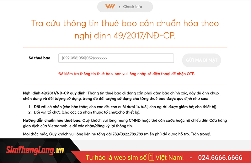Đăng ký chính chủ sim Vietnamobile qua website