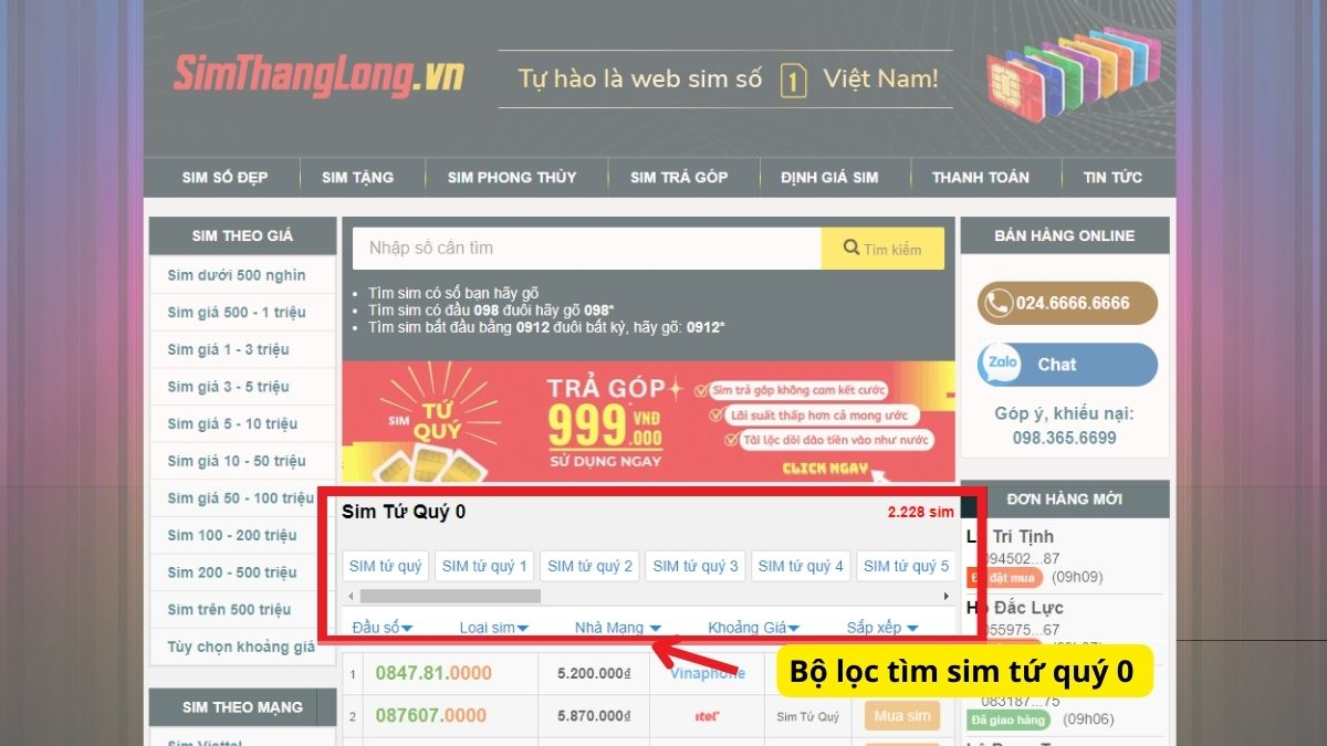 Dùng bộ lọc để tìm sim tứ quý 0 phù hợp