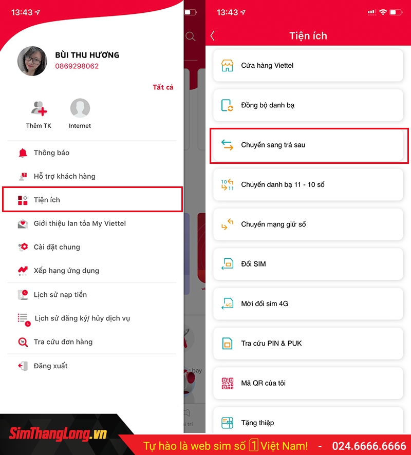 Chuyển đổi trên ứng dụng My Viettel