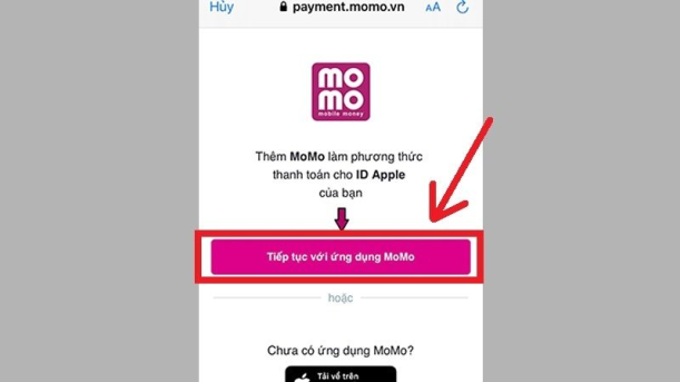 Tiếp theo chọn tiếp tục với ứng dụng MoMo