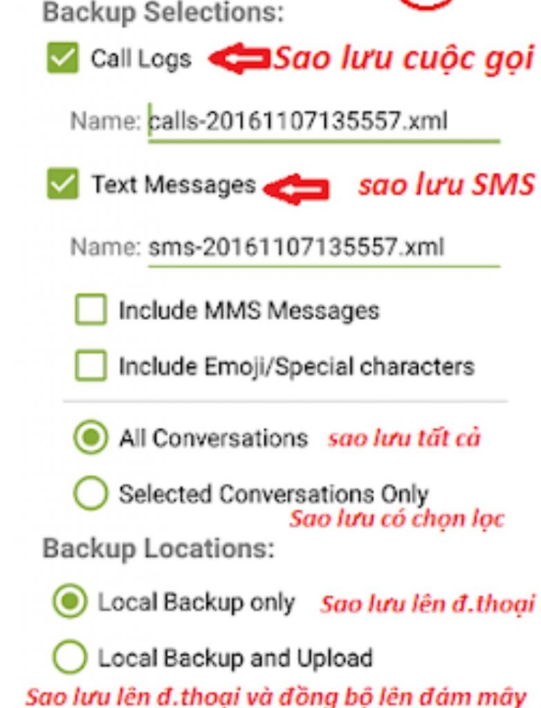 Chọn sao lưu tin nhắn và cuộc gọi