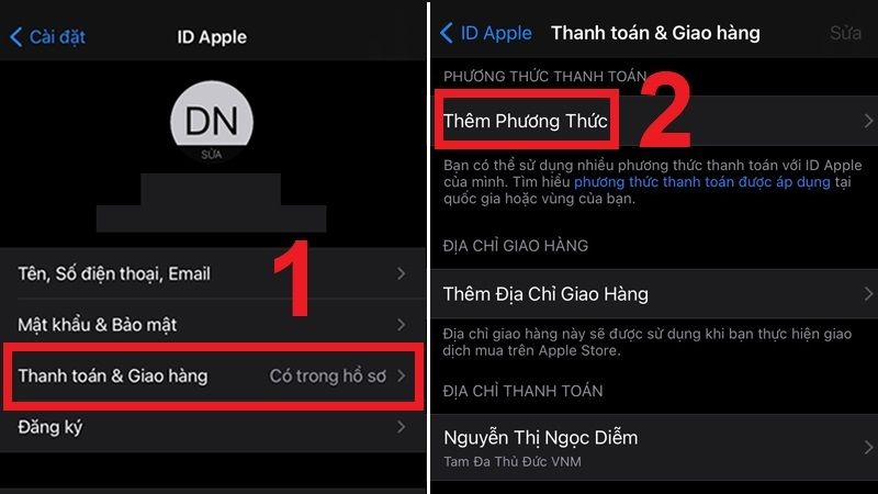 Chọn thanh toán và giao hàng rồi Thêm phương thức thanh toán