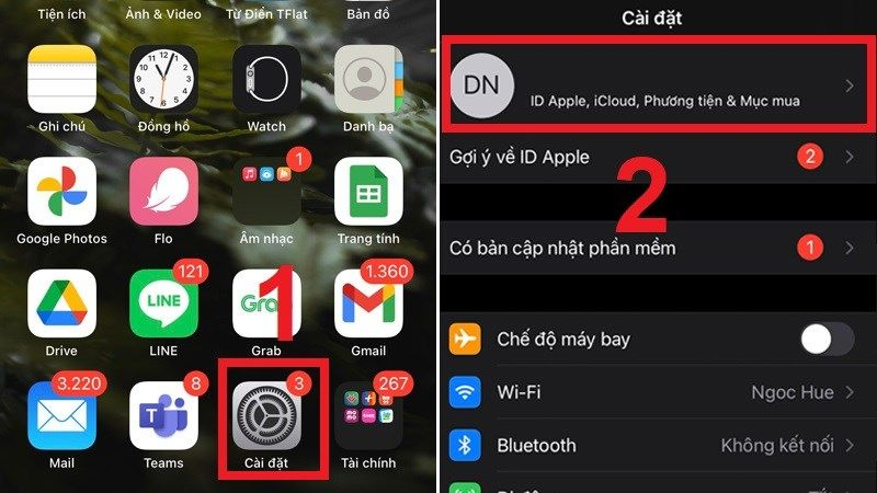 Vào cài đặt rồi chọn ID Apple