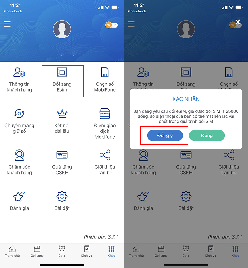 chọn mục đổi esim trên app mobifone