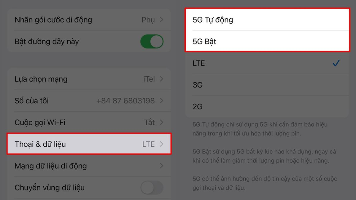 Kiểm tra 5G trên điện thoại iphone